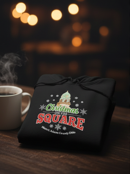 Black hoodie with 'Christmas on the Square' design next to a steaming mug of coffee on a wooden table.